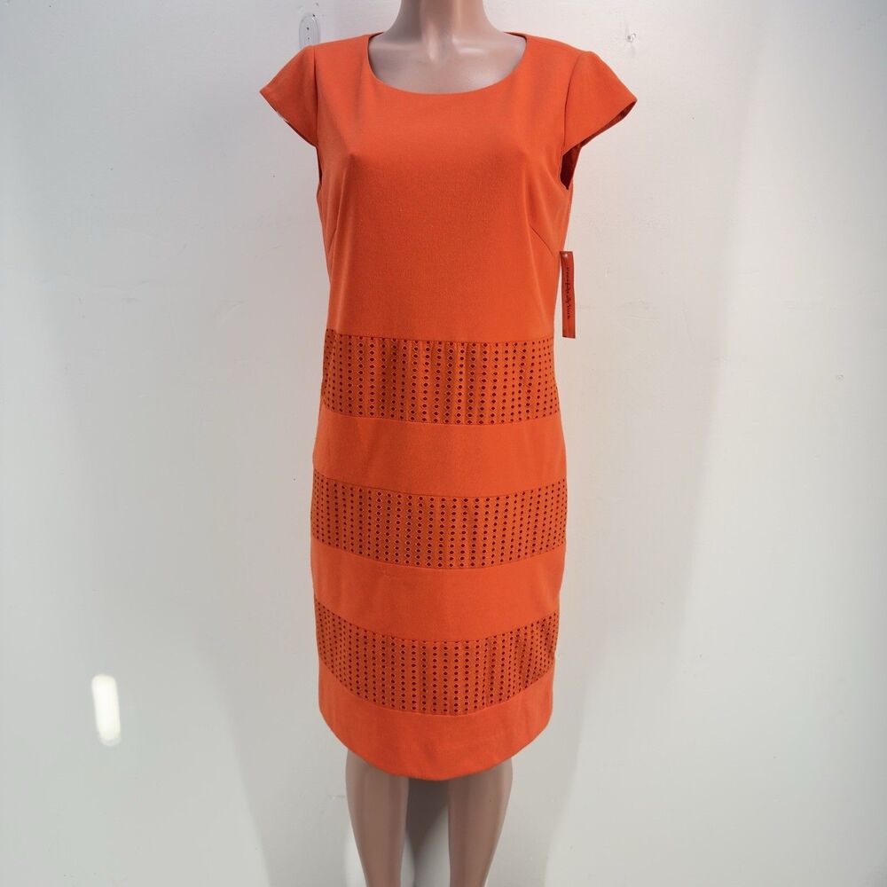 New Preston & York Sheath Women Dress Size 8 Stretch Orange Sleeveless - Picture 2 of 16
